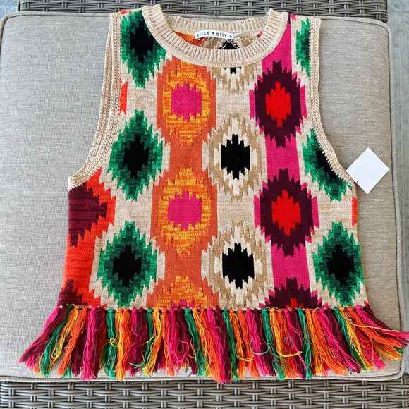 Alice + Olivia size S/ M Reva Aztec Fringe Peplum Knit Tank Top with Tassels - Picture 5 of 5
